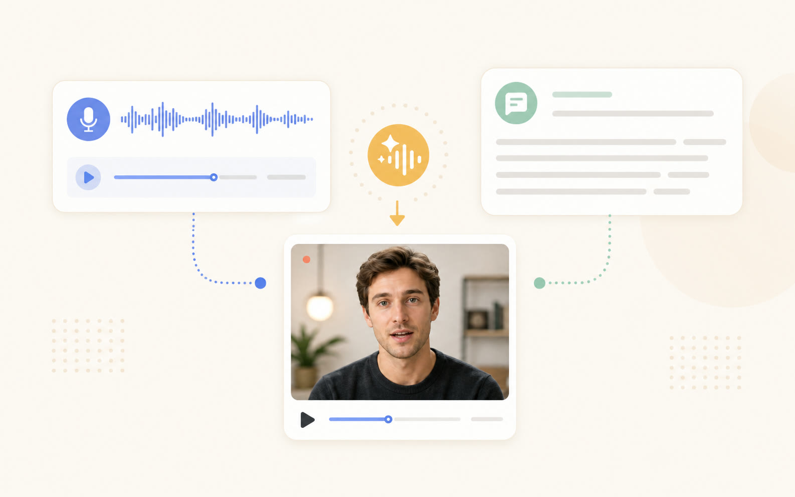 Audio file and abstract script input cards flowing into a portrait video preview