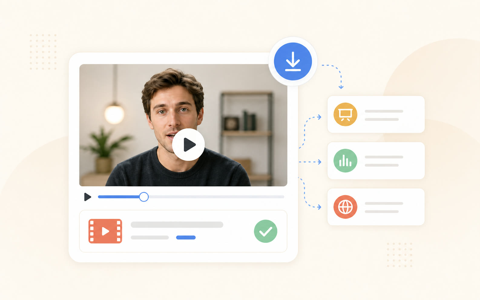 Finished talking portrait video exported to generic destination cards with download and success indicators