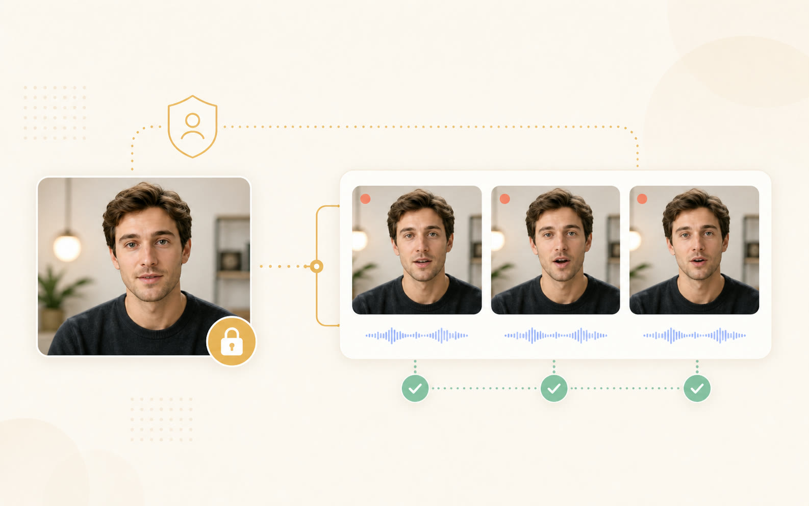 Reference portrait connected to consistent generated frames with identity lock and check indicators