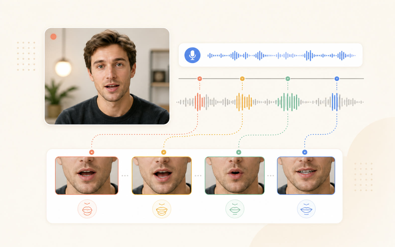 Audio waveform timing connected to mouth shape frames for voice-led facial motion