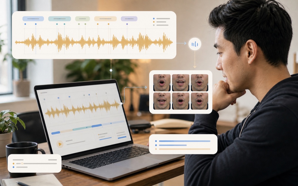 Creator desk scene with audio waveform, timing markers, and mouth shape tiles