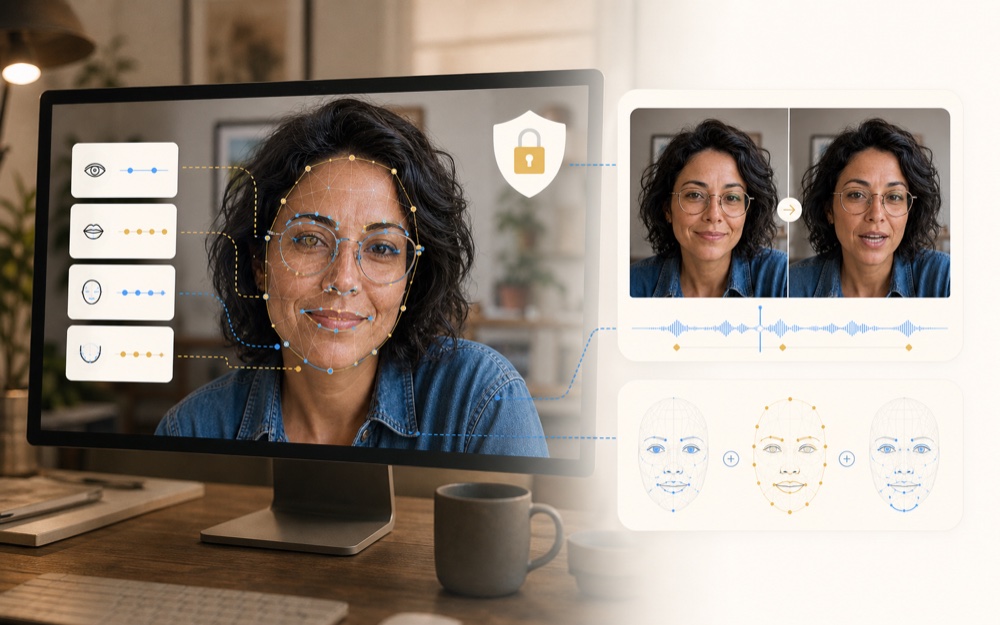 Portrait monitor with face mesh, animation frames, and identity lock overlay