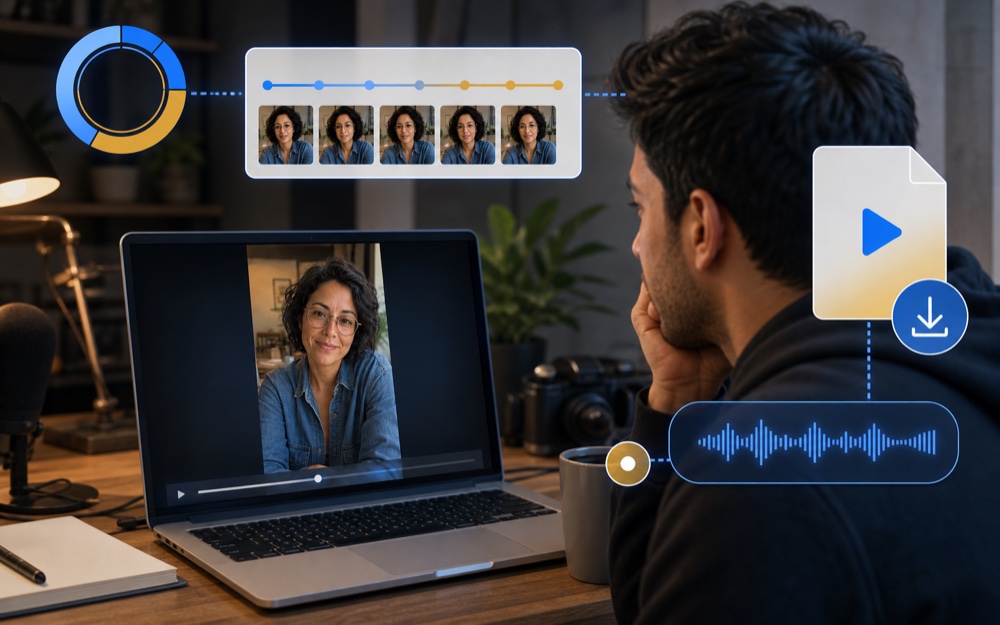Finished talking photo preview with render timeline, waveform, file icon, and download control
