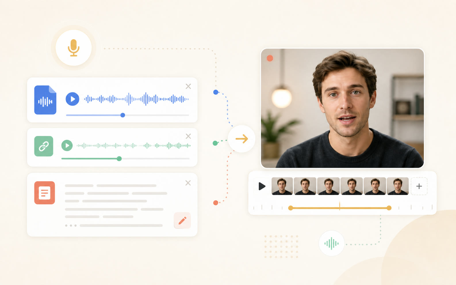 Audio waveform card and abstract script card feeding a portrait preview