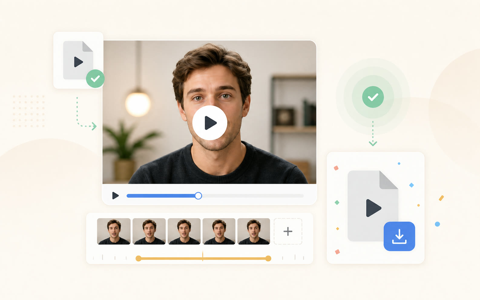 Rendered talking photo preview with timeline, export file card, and success indicator