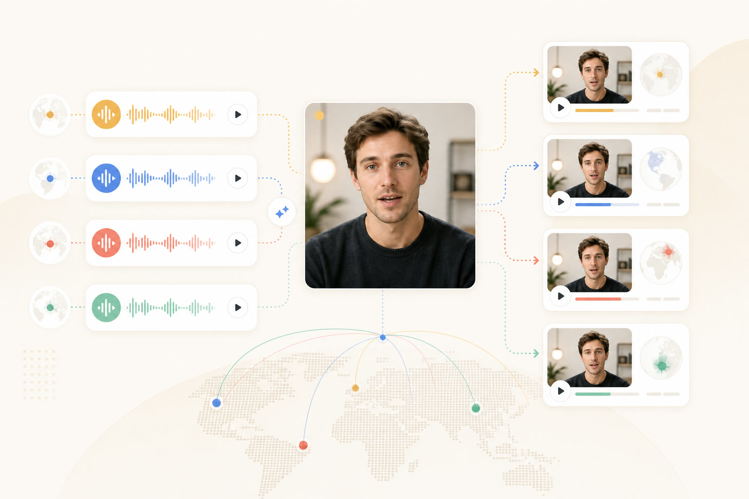 One portrait connected to multiple colored voice tracks and localized talking video previews