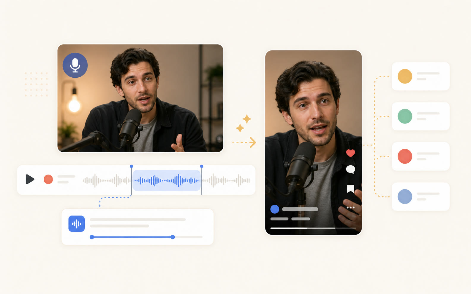 Podcast host portrait, selected audio clip, and generic short video reel preview